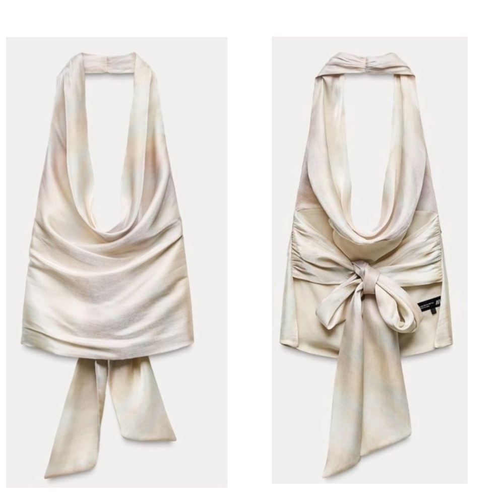Zara ivory pearlescent ombre satin open back draped Cowl neck halter top Sz XL - Picture 3 of 11